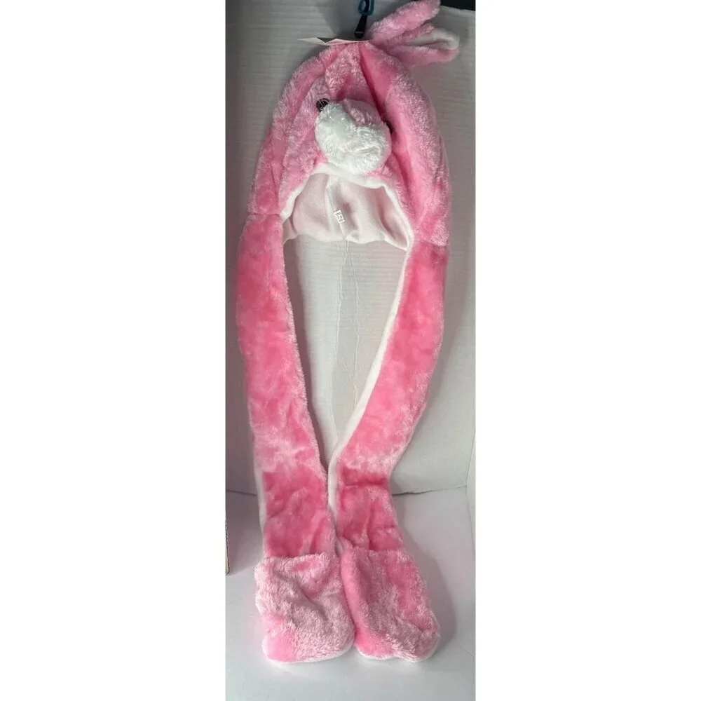 Pink Bunny Plush Hat Ear Flaps with Arm-Length Attached Mittens fall cozy